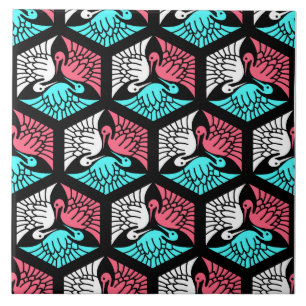 Japanese Cranes, Coral, Turquoise and Black Ceramic Tile