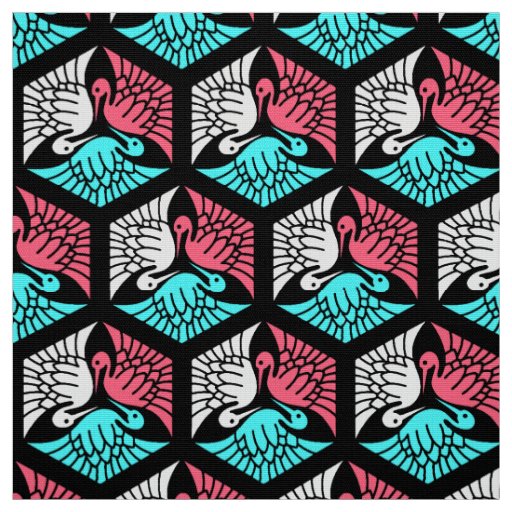 Japanese Cranes, Coral, Turquoise and Black Fabric