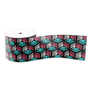 Japanese Cranes, Coral, Turquoise and Black Grosgrain Ribbon