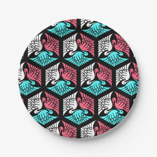 Japanese Cranes Coral Turquoise and Black Paper Plates