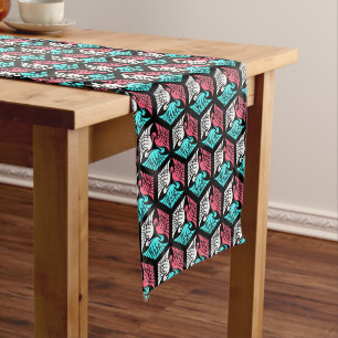 Japanese Cranes, Coral, Turquoise and Black Short Table Runner