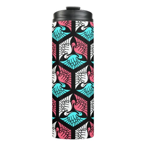 Japanese Cranes Coral Turquoise and Black Thermal Tumbler