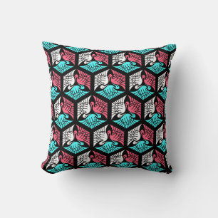 Japanese Cranes, Coral, Turquoise and Black Throw Pillow