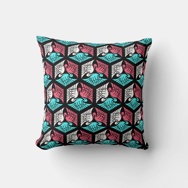 Japanese Cranes, Coral, Turquoise and Black Throw  Throw Pillow (Front)