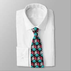 Japanese Cranes, Coral, Turquoise and Black Tie