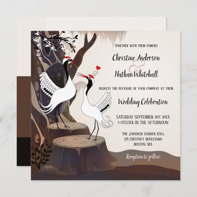Japanese Cranes Forest Wedding Invitation (Front/Back)