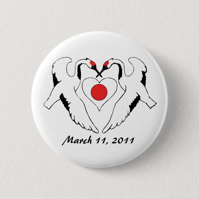 Japanese Cranes & Heart Flag Earthquake Relief Button (Front)