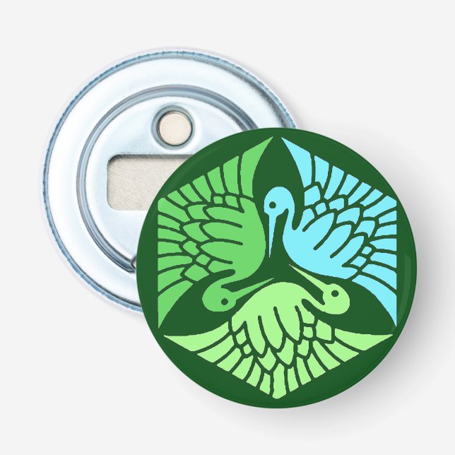 Japanese Cranes, Jade Green and Light Blue Bottle Opener (Front)