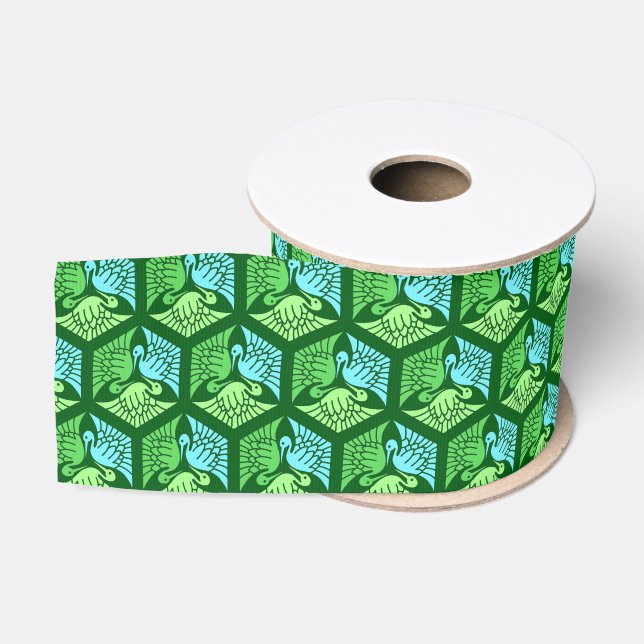 Japanese Cranes, Jade Green and Light Blue  Grosgrain Ribbon (Spool)