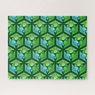 Japanese Cranes, Jade Green and Light Blue Jigsaw Puzzle