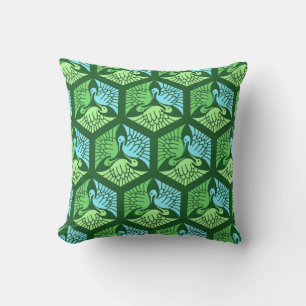 Japanese Cranes, Jade Green and Light Blue Outdoor Pillow