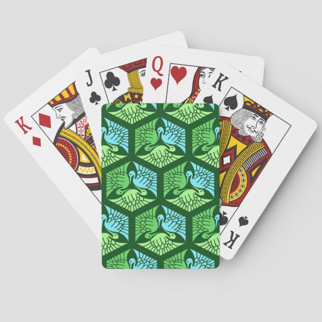 Japanese Cranes, Jade Green and Light Blue  Poker Cards (Back)