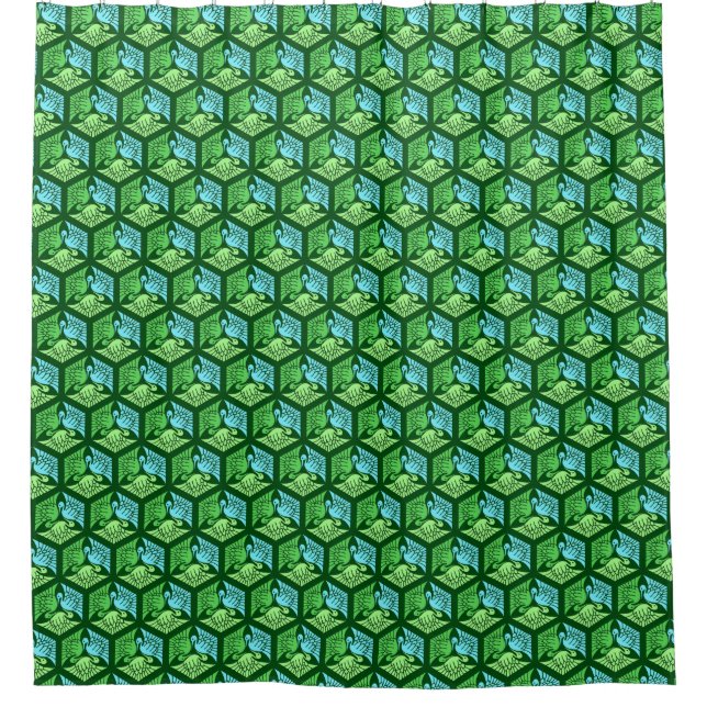 Japanese Cranes, Jade Green and Light Blue Shower Curtain (Front)