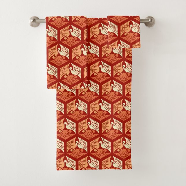 Japanese Cranes, Mandarin and Light Orange Bath Towel Set (Insitu)