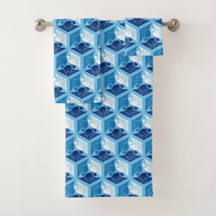 Japanese Cranes, Navy, White, and Light Blue Bath Towel Set