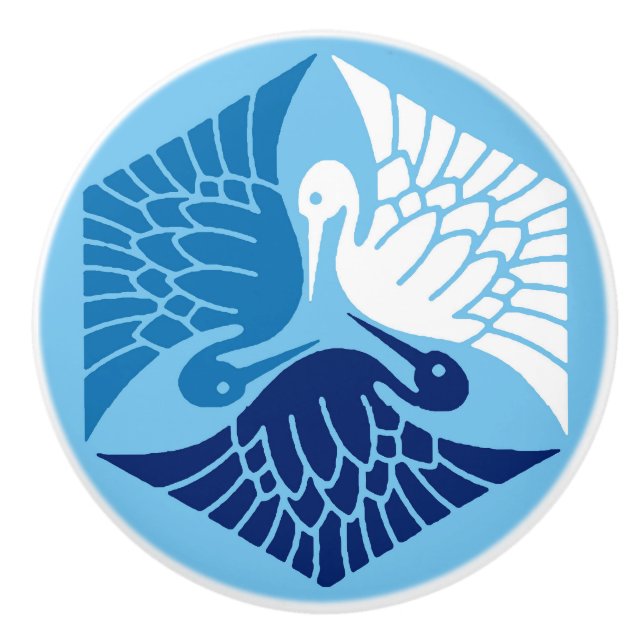 Japanese Cranes, Navy, White, and Light Blue Ceramic Knob (Front)