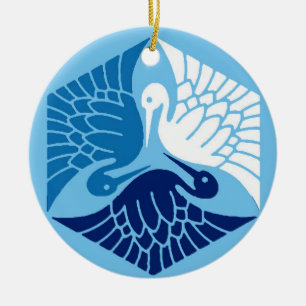 Japanese Cranes, Navy, White, and Light Blue Ceramic Ornament