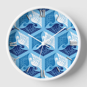 Japanese Cranes, Navy, White, and Light Blue Clock