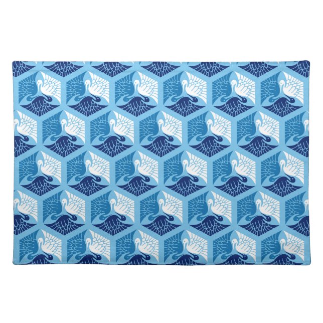 Japanese Cranes, Navy, White, and Light Blue  Cloth Placemat (Front)