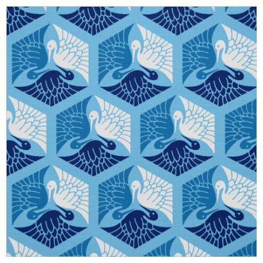 Japanese Cranes, Navy, White, and Light Blue Fabric