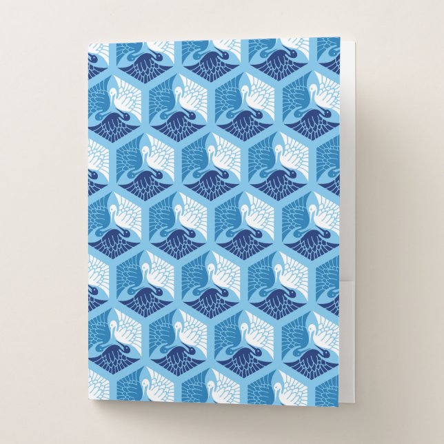 Japanese Cranes, Navy, White, and Light Blue Pocket Folder (Front)