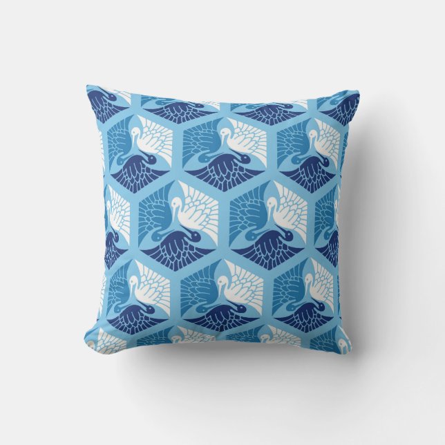 Japanese Cranes, Navy, White, and Light Blue Throw Pillow (Front)
