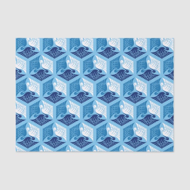 Japanese Cranes, Navy, White, and Light Blue Tissue Paper (Front)