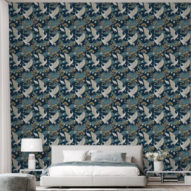 Japanese Cranes on Navy Blue Wallpaper (Bedroom)