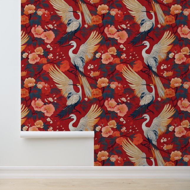 Japanese cranes on red wallpaper  (Application)