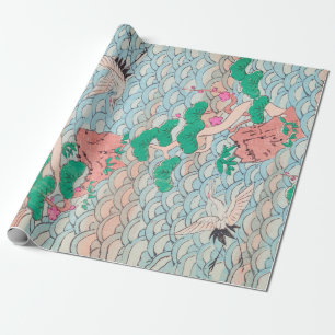 Japanese Cranes on Waves Vintage Pattern Wrapping Paper