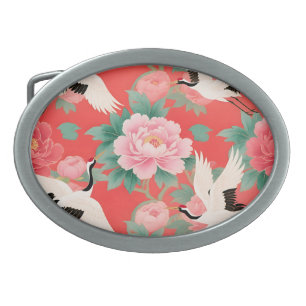 Japanese Cranes Peonies Red Chinoiserie Elegance Belt Buckle