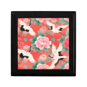 Japanese Cranes Peonies Red Chinoiserie Elegance Gift Box