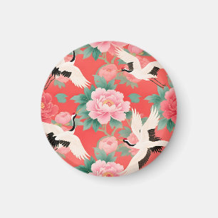 Japanese Cranes Peonies Red Chinoiserie Elegance Magnet