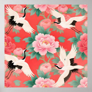 Japanese Cranes Peonies Red Chinoiserie Elegance Poster