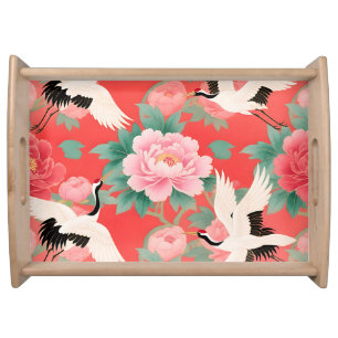 Japanese Cranes Peonies Red Chinoiserie Elegance Serving Tray