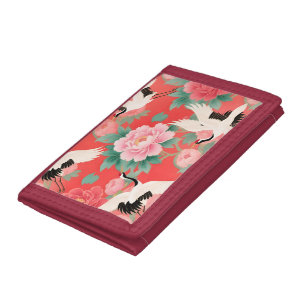 Japanese Cranes Peonies Red Chinoiserie Elegance Trifold Wallet
