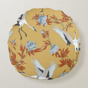 Japanese cranes, peony, sequins pattern round pillow