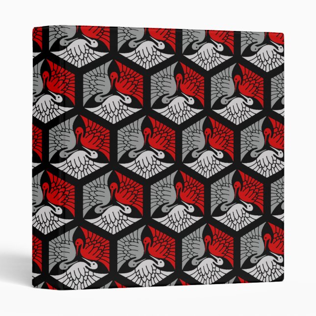 Japanese Cranes, Red, Gray / Grey and Black 3 Ring Binder (Front/Spine)