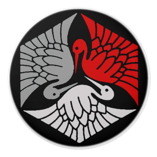 Japanese Cranes Red Gray  Grey and Black Ceramic Knob