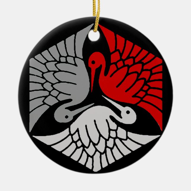 Japanese Cranes, Red, Gray / Grey and Black  Ceramic Ornament (Front)