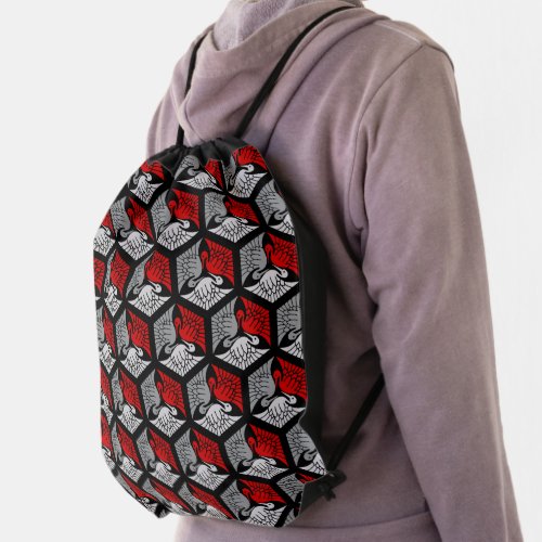 Japanese Cranes Red Gray  Grey and Black Drawstring Bag