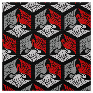 Japanese Cranes, Red, Gray / Grey and Black Fabric