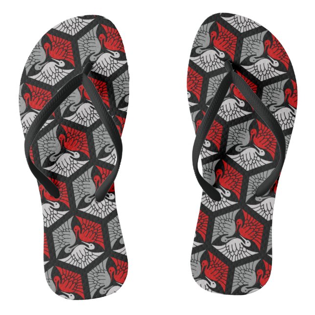 Japanese Cranes, Red, Gray / Grey and Black Flip Flops (Footbed)