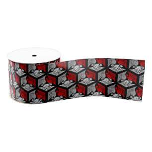 Japanese Cranes, Red, Gray / Grey and Black Grosgrain Ribbon