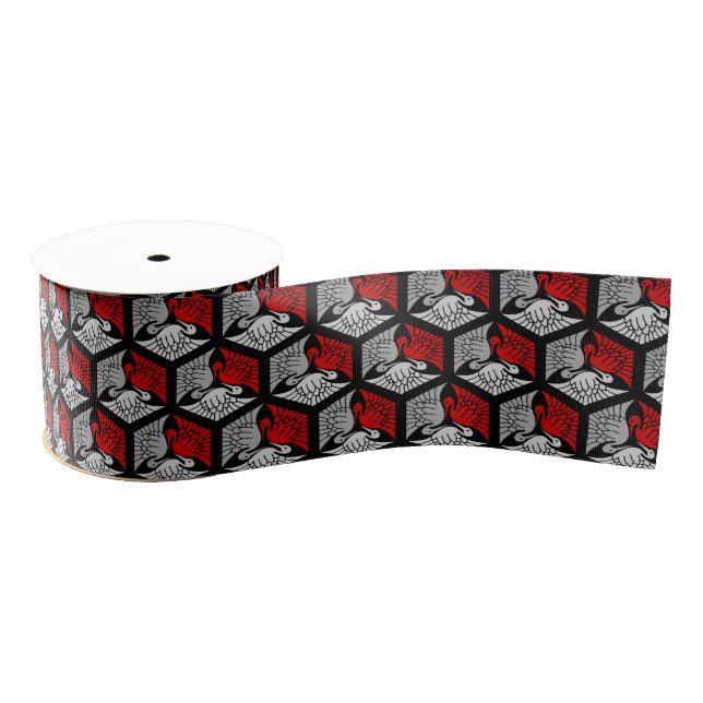Japanese Cranes, Red, Gray / Grey and Black  Grosgrain Ribbon (Spool)