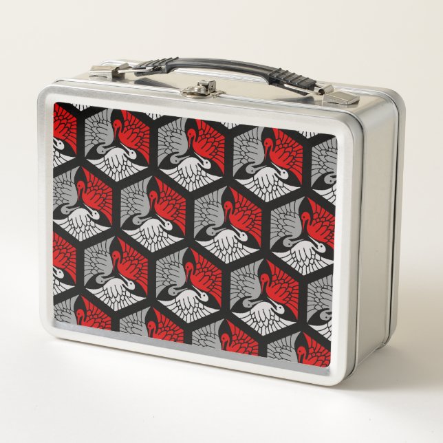 Japanese Cranes, Red, Gray / Grey and Black Metal Lunch Box (Front)