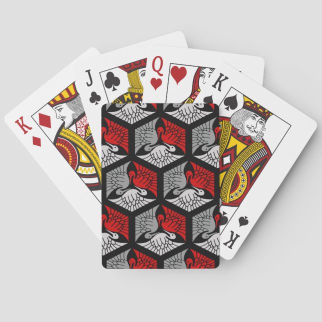 Japanese Cranes, Red, Gray / Grey and Black  Poker Cards (Back)