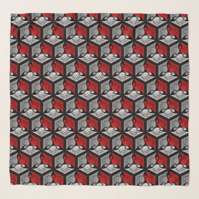 Japanese Cranes, Red, Gray / Grey and Black Scarf (Front)