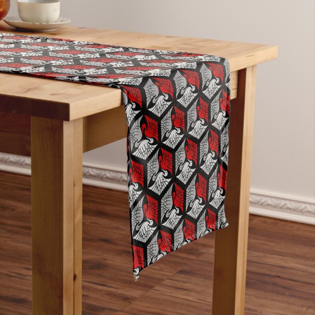 Japanese Cranes, Red, Gray / Grey and Black Short  Short Table Runner (In Situ)