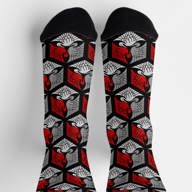 Japanese Cranes, Red, Gray / Grey and Black Socks (Top)